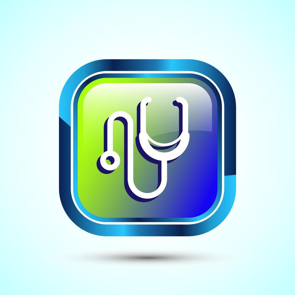 Stethoscope icon design illustration. Doctor stethoscope medical device icon, Glossy Square Button Design vector