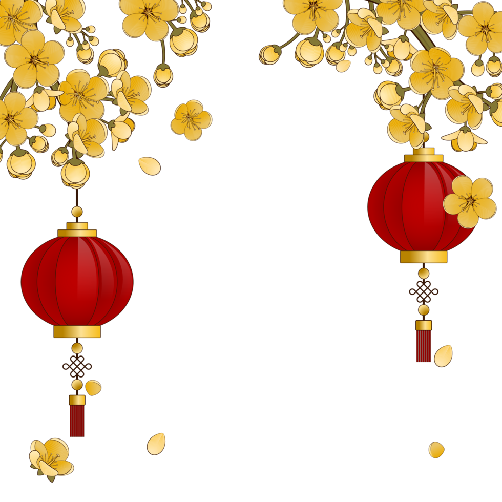 Lunar New Year ornament with yellow apricot blossom and red lanterns png