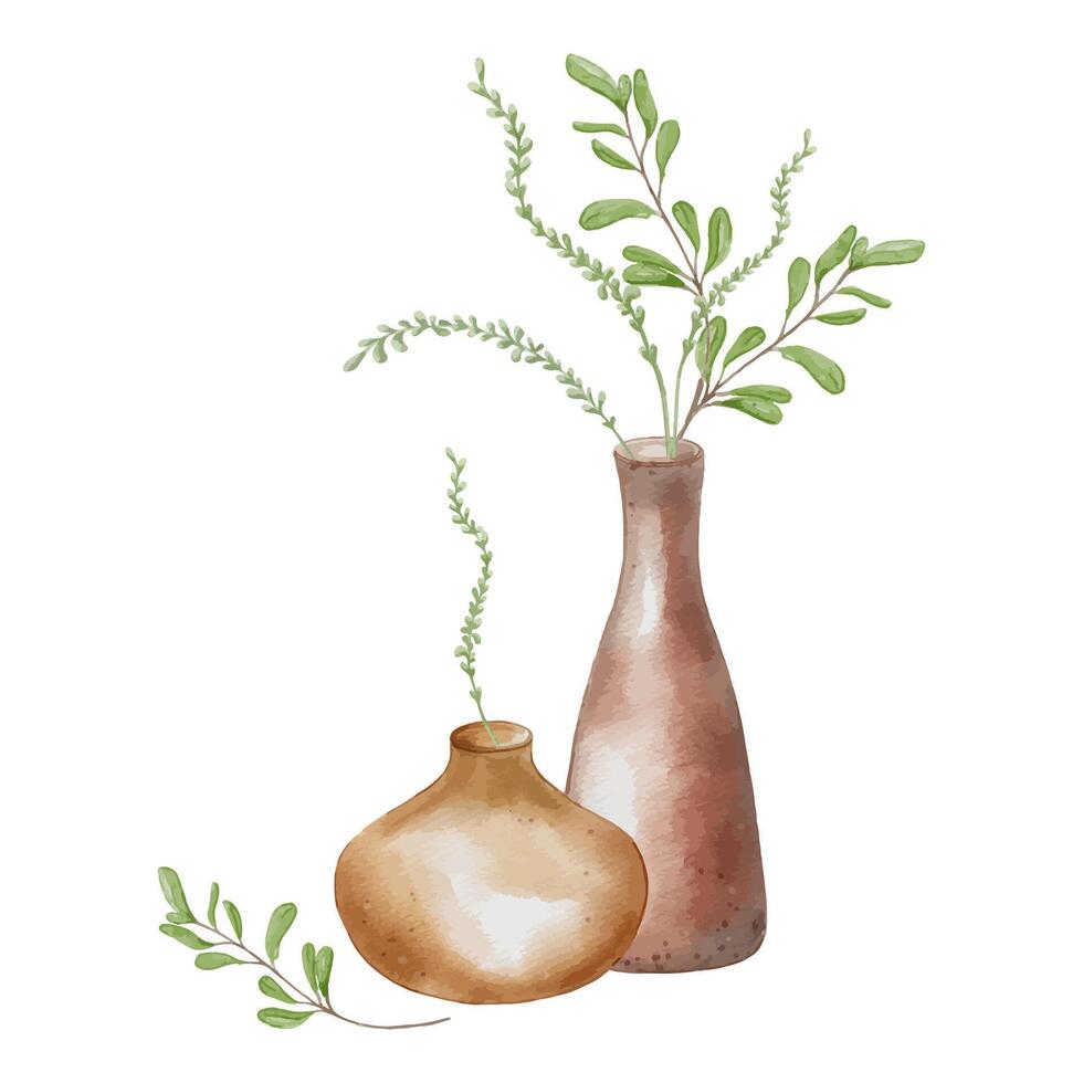 Two vase handcrafted with floral arrangement in watercolor isolated. Plants pastel color in high vase hand drawn. Handmade pottery with leaves and stems. For ceramics workshop, school, modeling vector