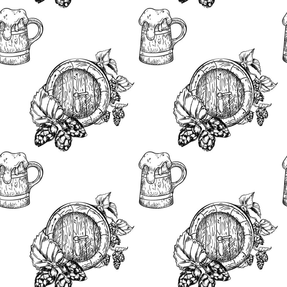 Wooden beer barrel and bunch of hop cones black white seamless pattern isolated. Tankard beer and humulus plant on repeated texture hand drawn engraving for design textile, packaging, paper. vector