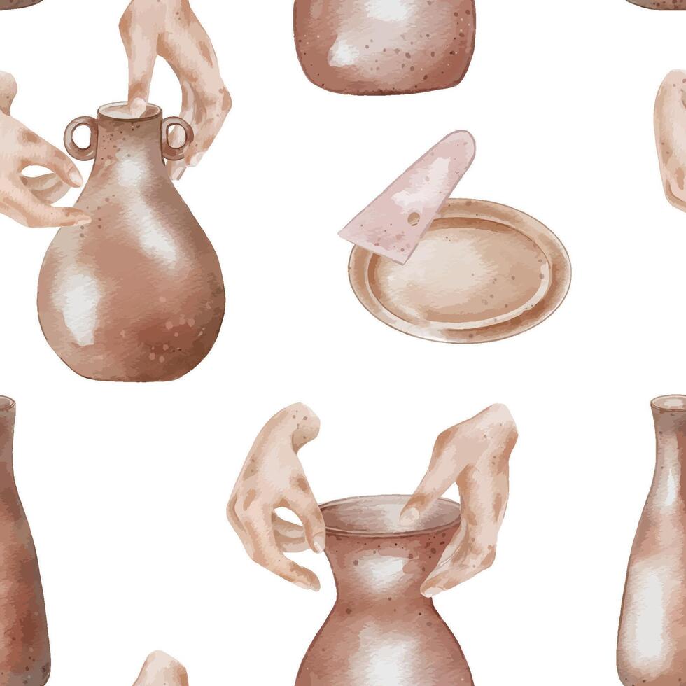 Women hands and clay dishes in pastel tone hand drawn seamless pattern. Two hands making a jug watercolor endless print. Design pattern with pottery vase and female fingers for textile, packaging vector