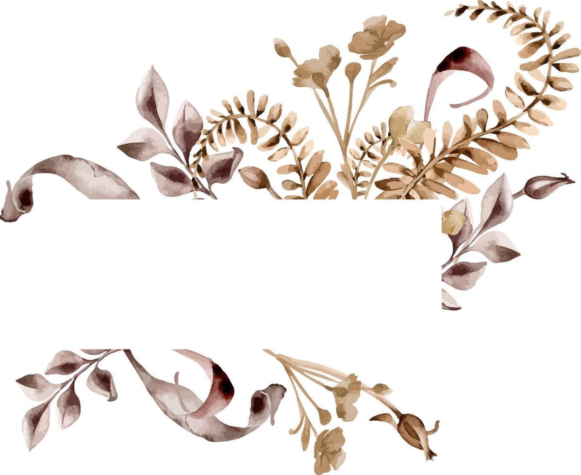Wild flowers, fern branch brown monochrome in watercolor. Frame of beige abstract herbs, leaves in maroon color isolated. Dry plants hand drawn. Design of branding, invitations, package, wedding. vector