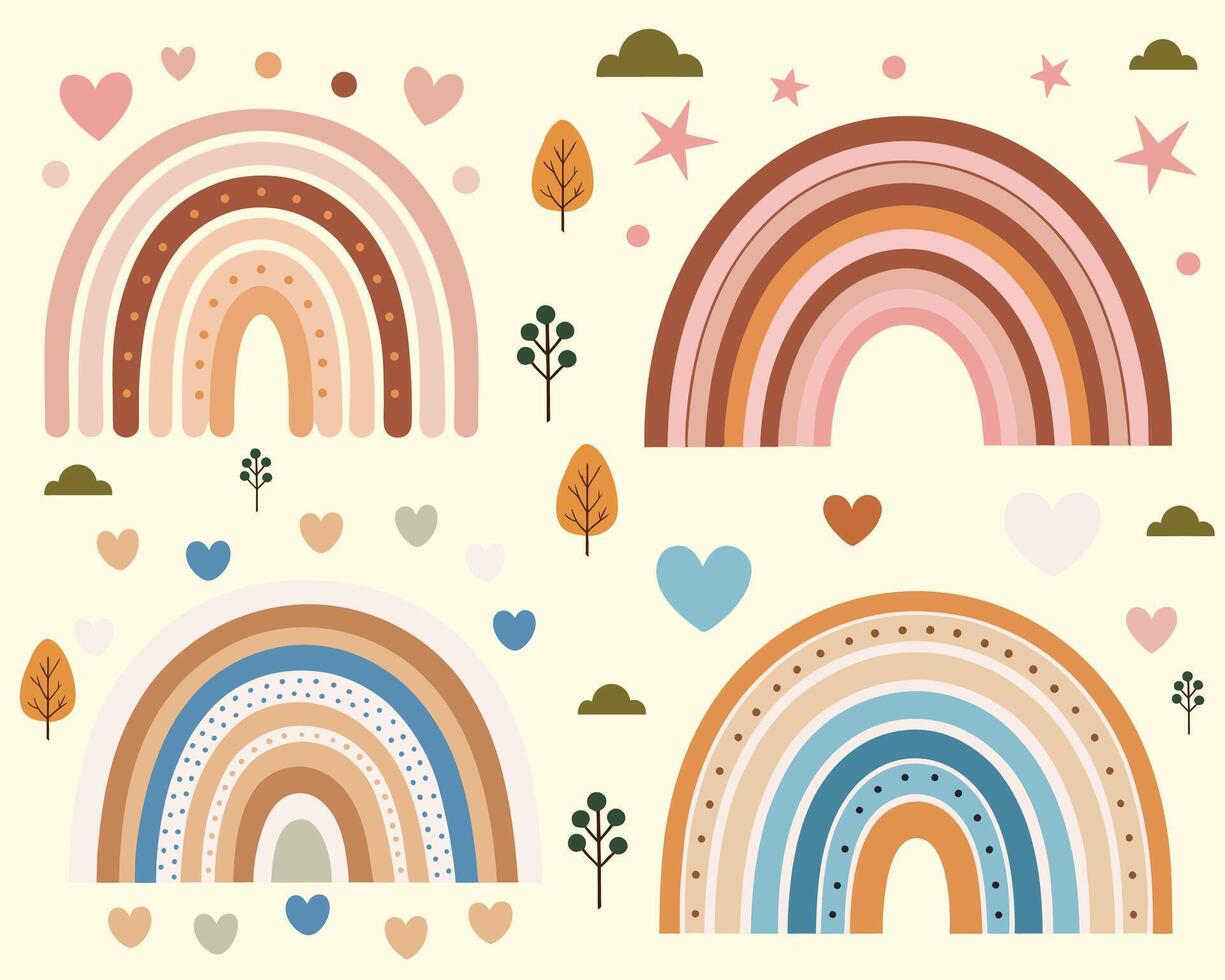 Rainbows modern soft color hand-drawn set vector