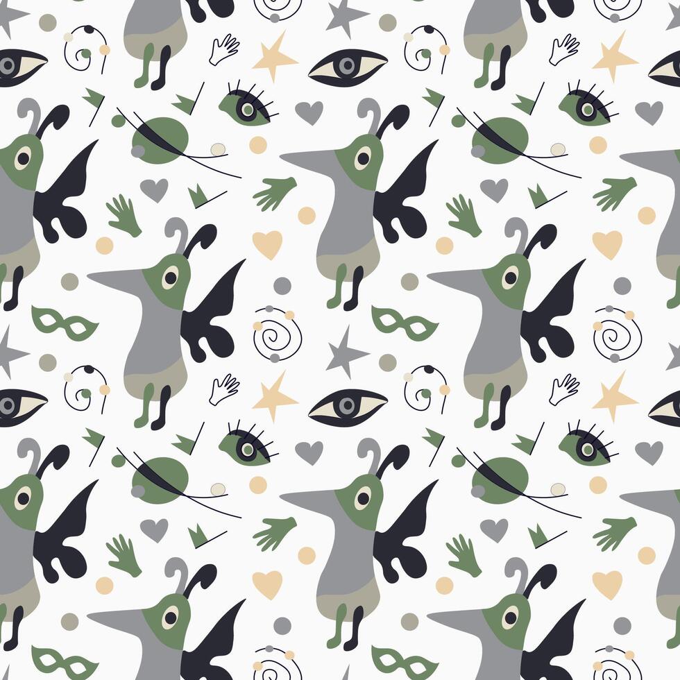 Surrealistic, hand drawn pattern with fantasy birds, eyes and abstract elements vector