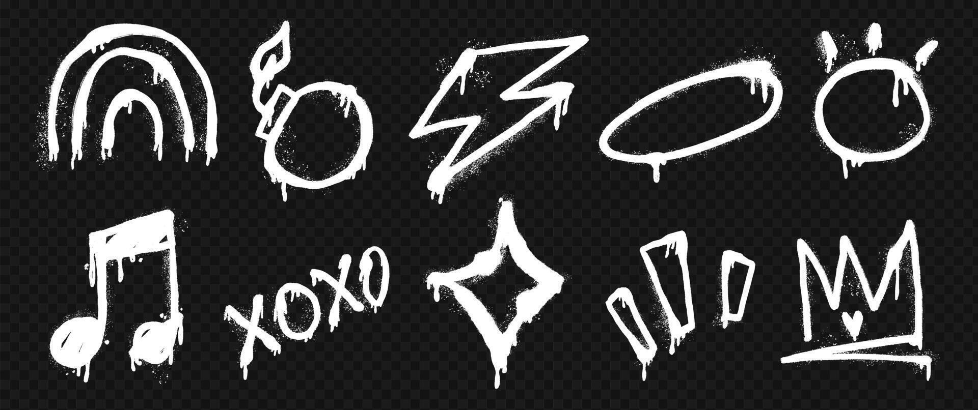 White spray art with oval, bomb, rainbow, and crown elements. Graffiti style design featuring lightning, star, and music notes. vector