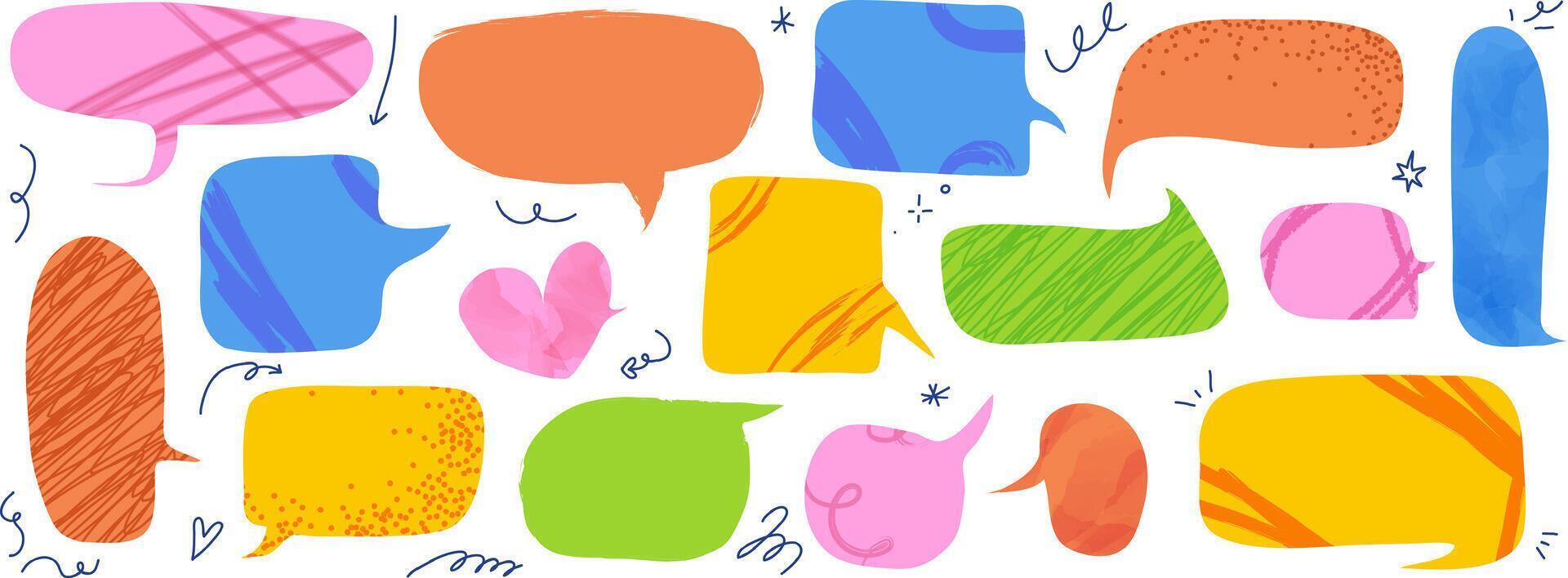 Set of childish speech balloon with trendy scribble textures. Kit of speak bubble with doodle sketches isolated on white bg. Bold and bright elements vector