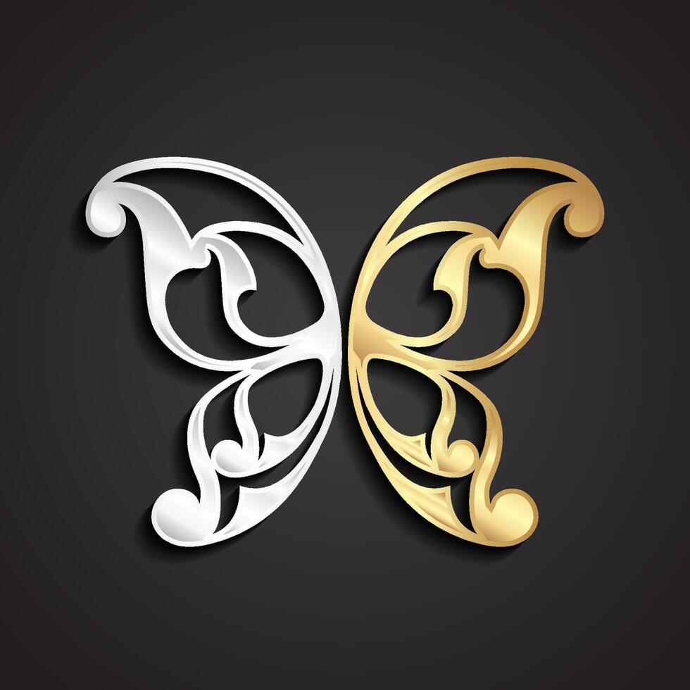 3d ornamental golden silver butterfly wing shape symbol vector