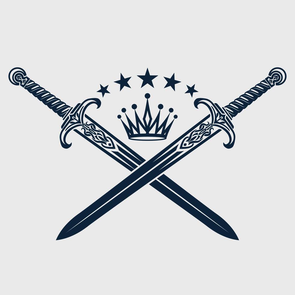 crossed swords with crown and stars heraldry symbol vector