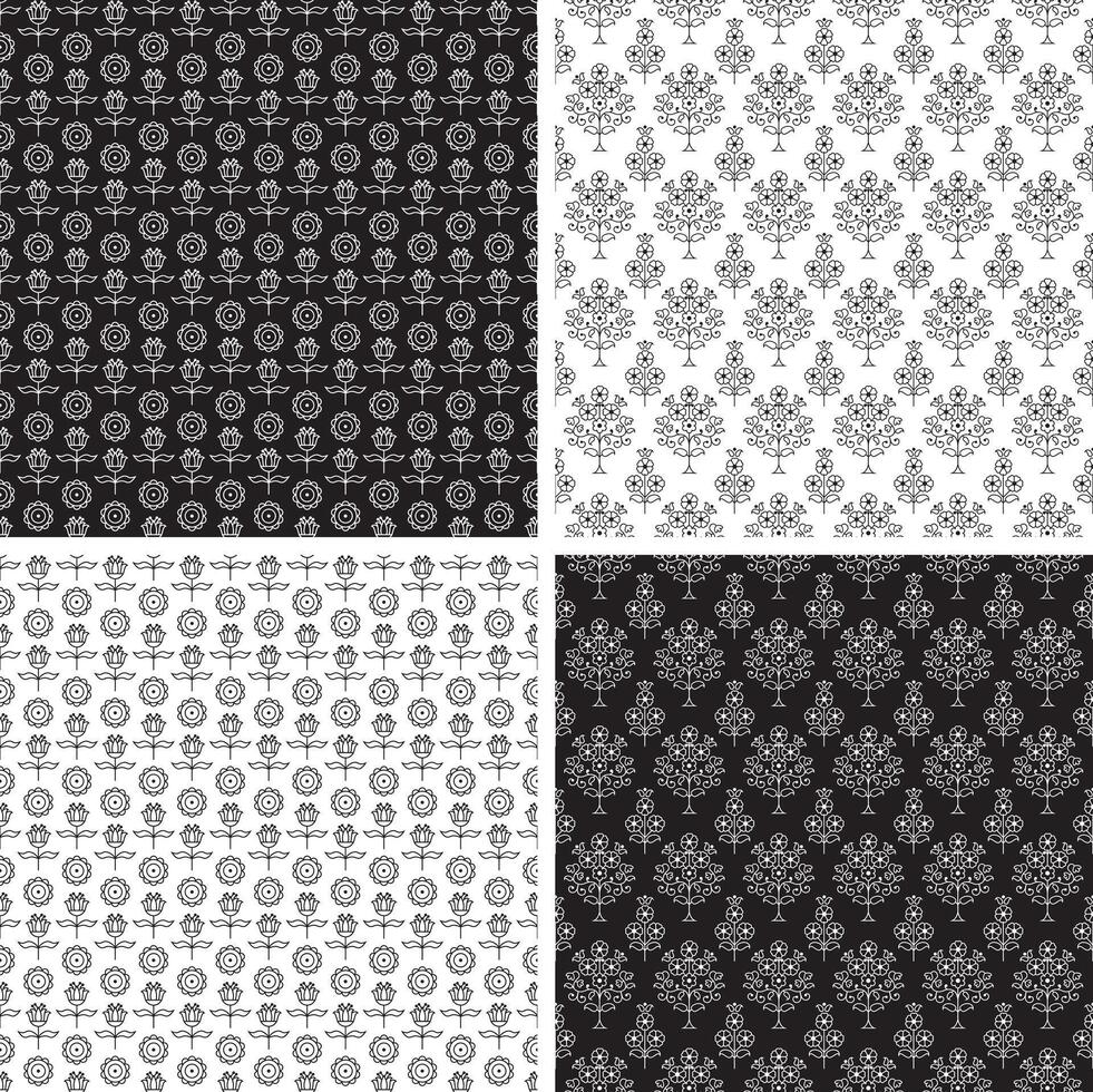 Indian black white floral block print seamless patterns vector