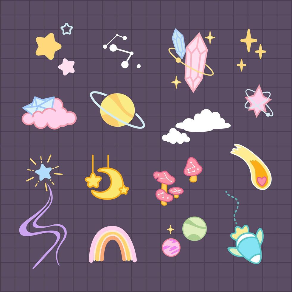 star, planet, rainbow of galaxy theme doodle element collection pack vector
