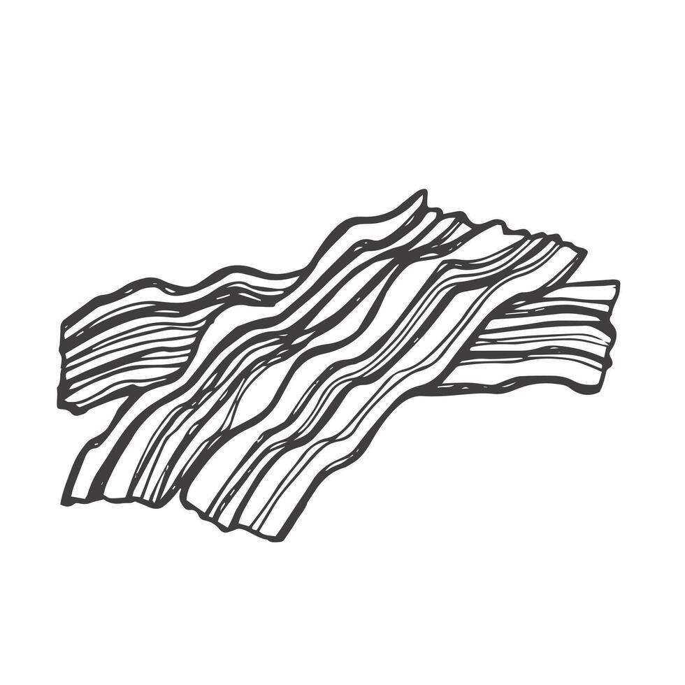 Bacon slices set. Hand drawn sketch style crispy food meat portion of pork from butcher. Fresh traditional breakfast product. illustrations isolated on white background. vector
