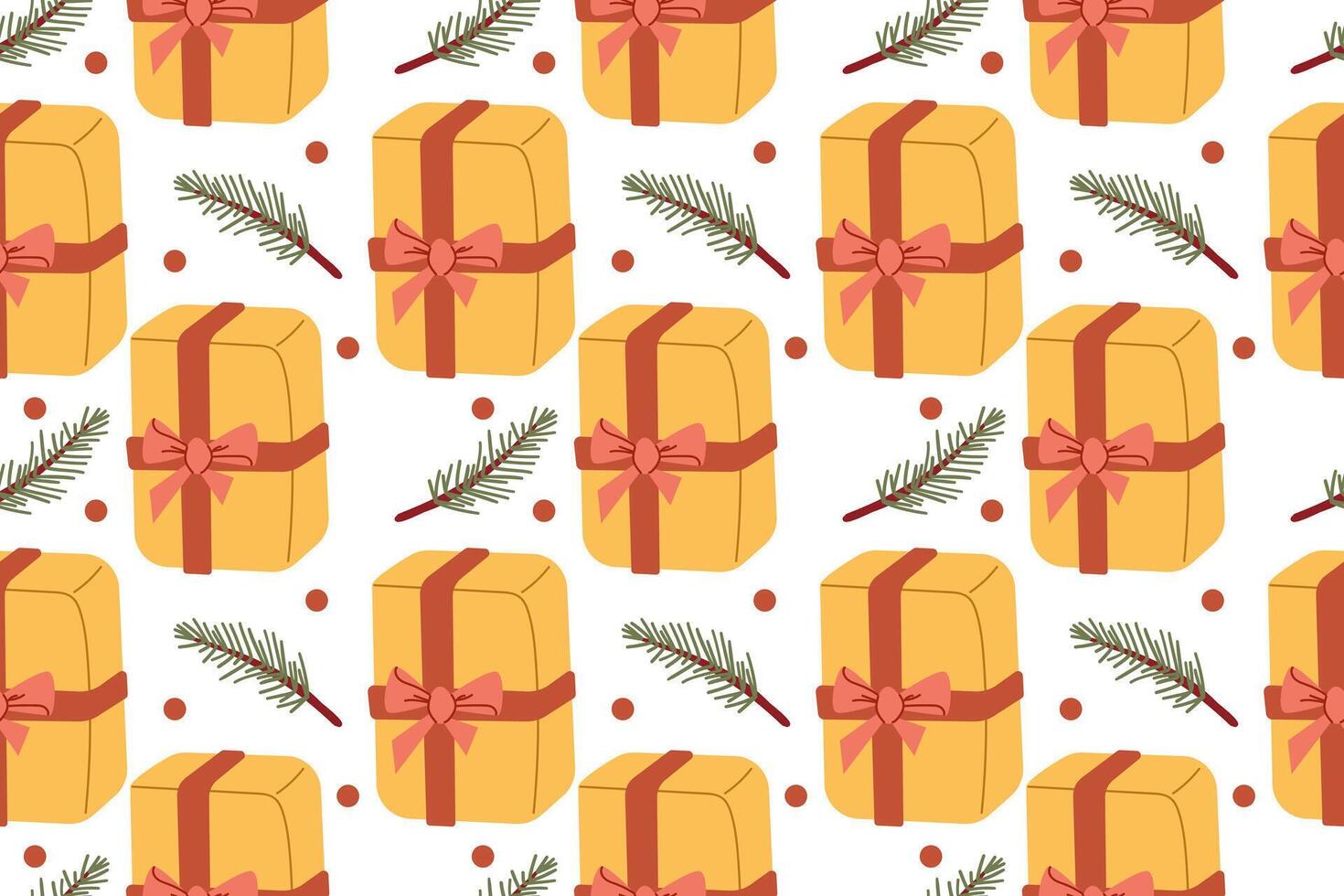 Yellow Christmas, New Year or birthday gifts seamless pattern. Boxes with gifts and flower and cozy elements . Graphic resource for holiday packaging design. Icons on isolated background. vector