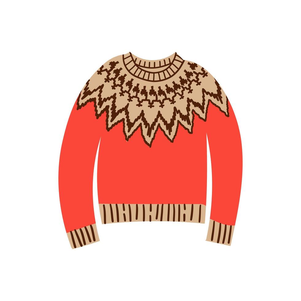 Red Warm sweater for autumn or winter design . Knitted woolen sweater. Cold season. illustration in flat style isolate on white . Doodle cartoon illustration cozy winter elements. vector