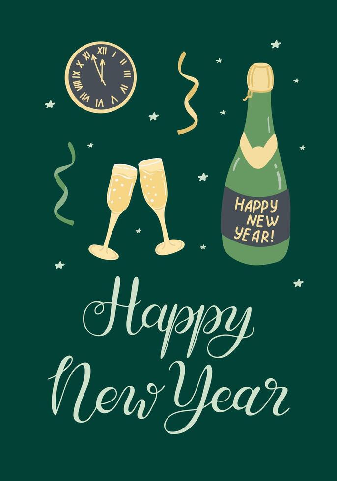 Festive New Year celebration banner with champagne bottle, glasses, clock, and festive decorations on green background vector