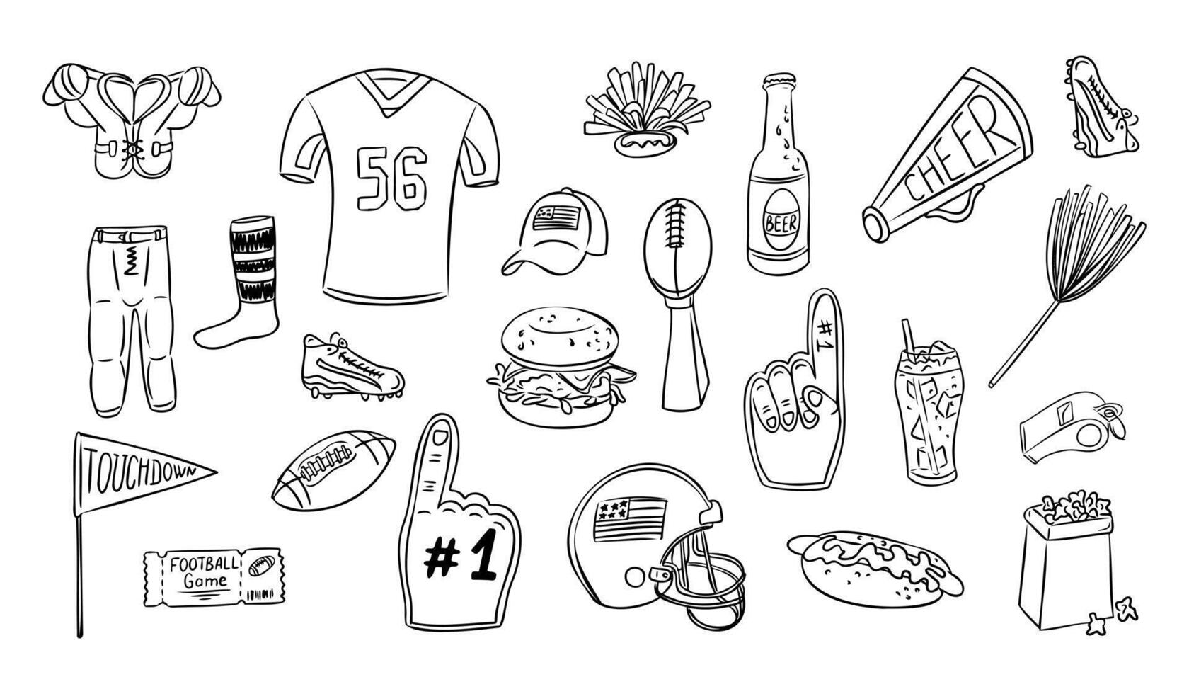 Hand drawn doodle set with American football themed items such as jerseys, helmets, footballs, foam fingers, cheer gear, food, and beverages. outline drawing isolated on white background vector
