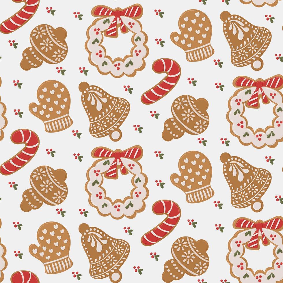 Seamless festive pattern with Christmas gingerbread cookies with holly berries on white background. Perfect for holiday decor and wrapping paper. Hand drawn flat illustration vector