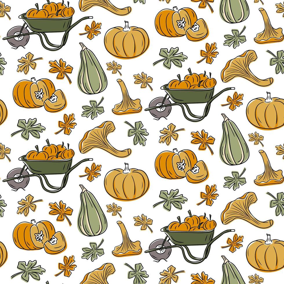 Autumn botanical seamless pattern with pumpkins, gourds, wheelbarrows, and fall leaves isolated on white background. vector