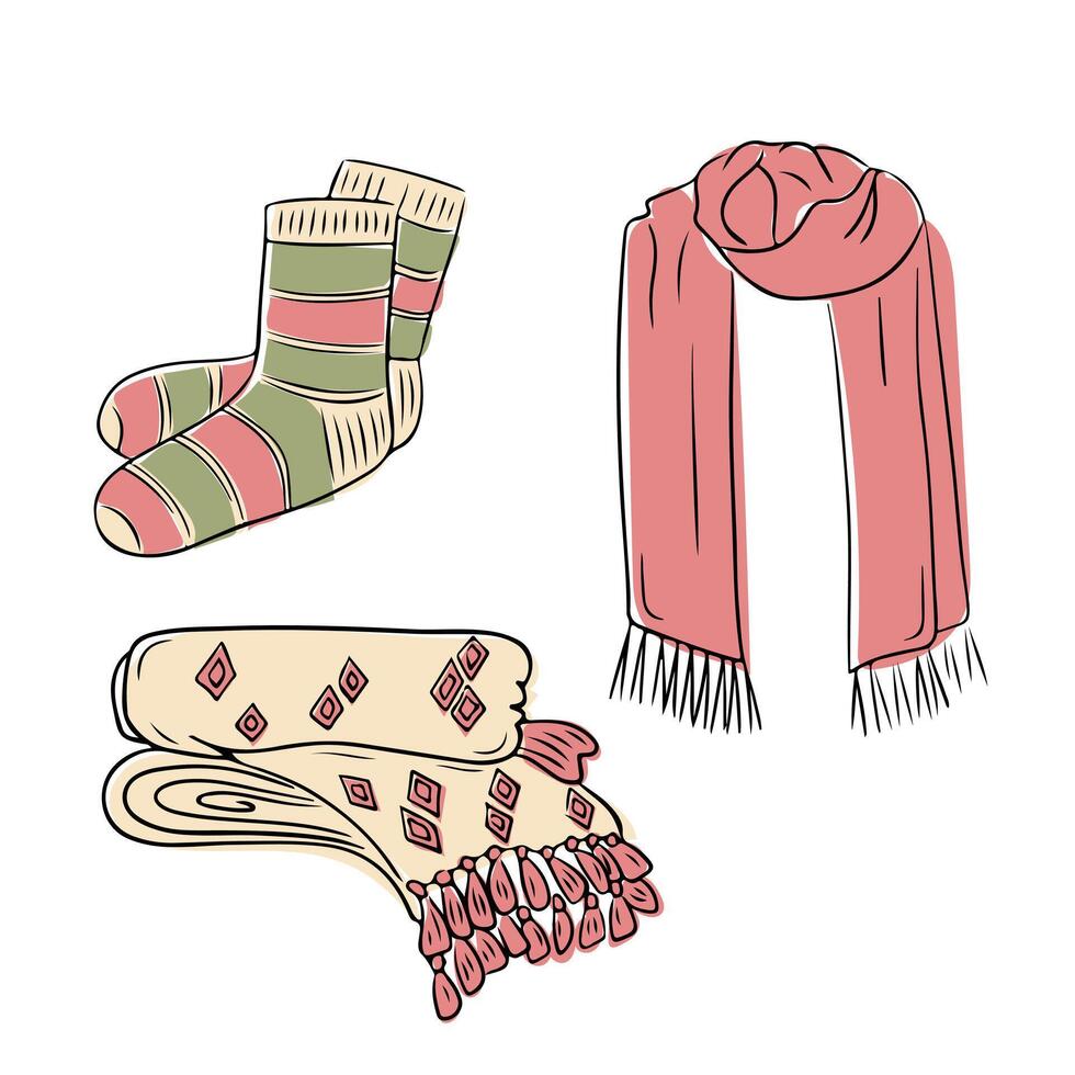 Cozy winter accessories set with striped socks, warm scarf, and decorative blankets vector