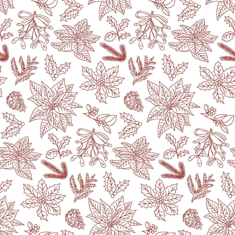 Seamless Christmas doodle pattern with winter florals. Hand drawn poinsettia flowers, holly leaves and pine branches in red line art on white background. Perfect for wrapping paper, textile vector
