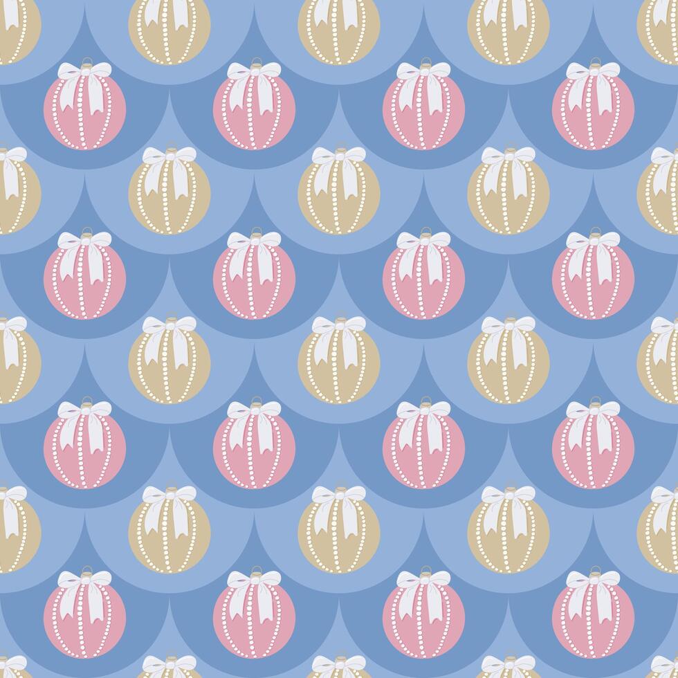 Seamless pattern with pastel Christmas ornaments tied with bows on blue background vector