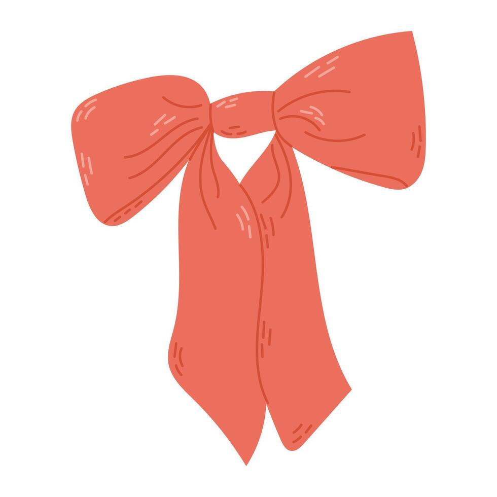 Red hand drawn ribbon tied in bow isolated on white background. Flat illustrations for sticker or decorations vector