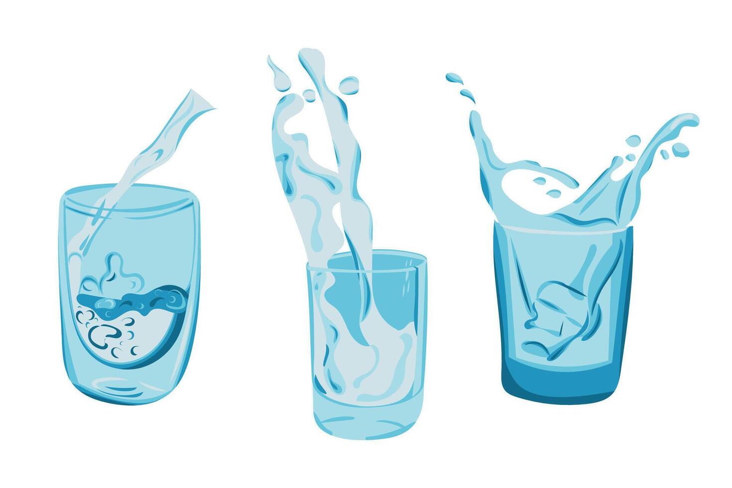 Three water glasses with dynamic splashes and fluid movement in shades of blue vector