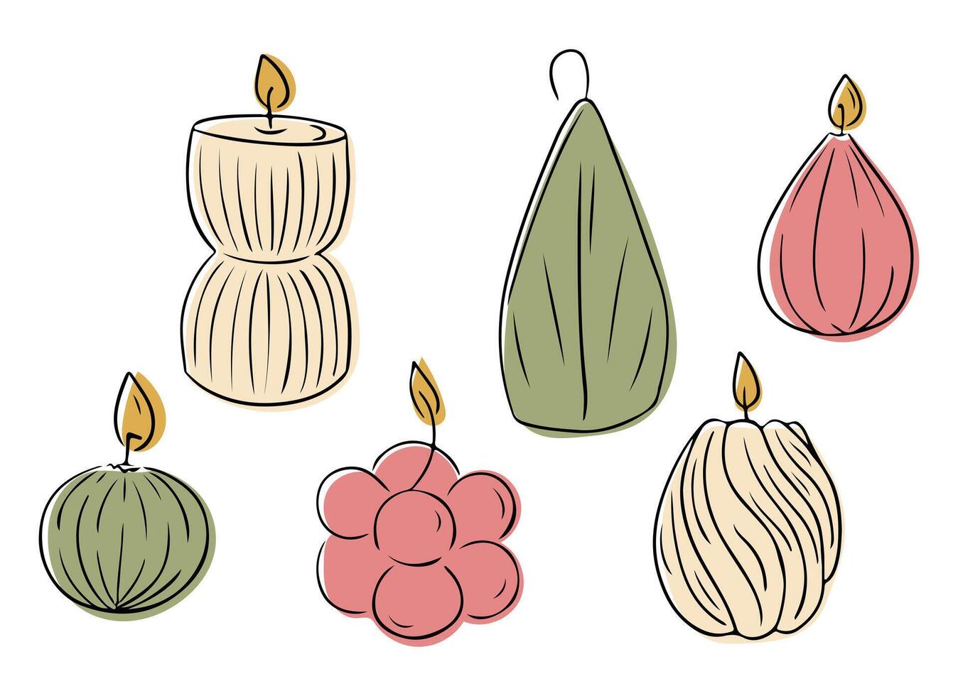 Stylish candle set illustration with unique shapes and warm tones. Perfect for home decor, cozy vibes, and festive or relaxation themes. hand drawn drawing set isolated on white background vector