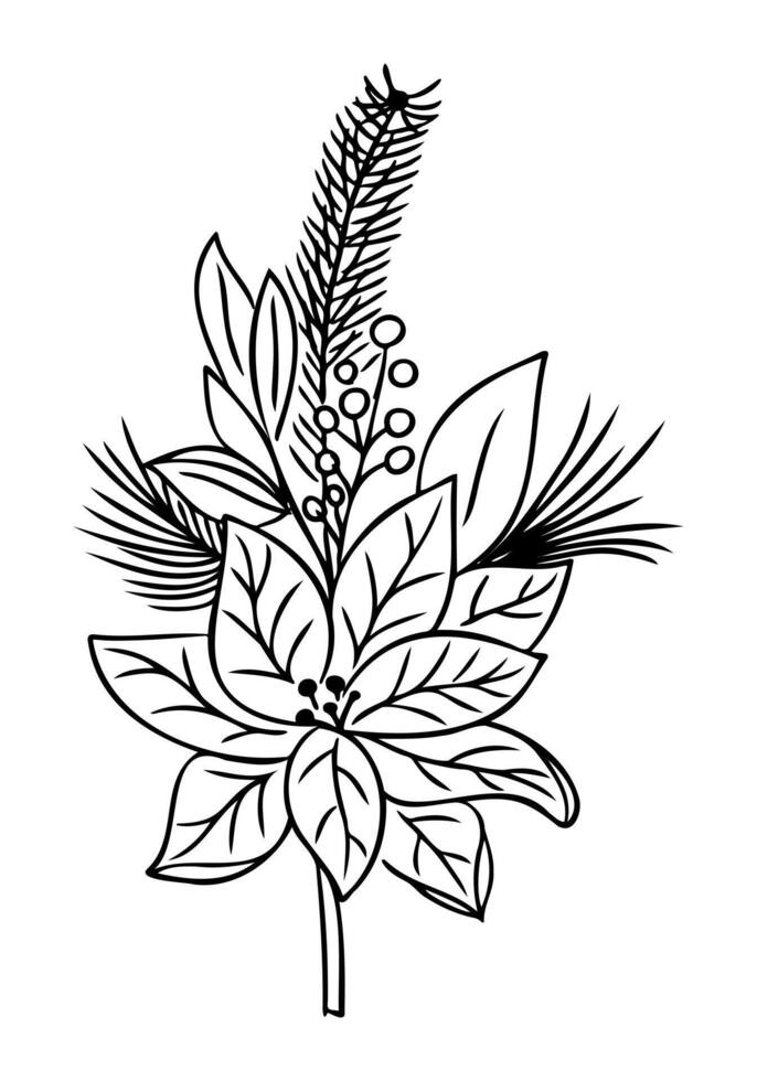 Black and white illustration of festive Christmas arrangement with poinsettia leaves. Perfect for holiday designs, Christmas cards, and seasonal coloring pages. hand drawn composition vector