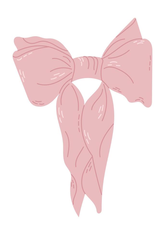 Elegant pink ribbon bow illustration with soft details and flowing tails. Perfect for gift wrapping, celebrations, and feminine design themes. Flat illustrations for sticker or decorations vector