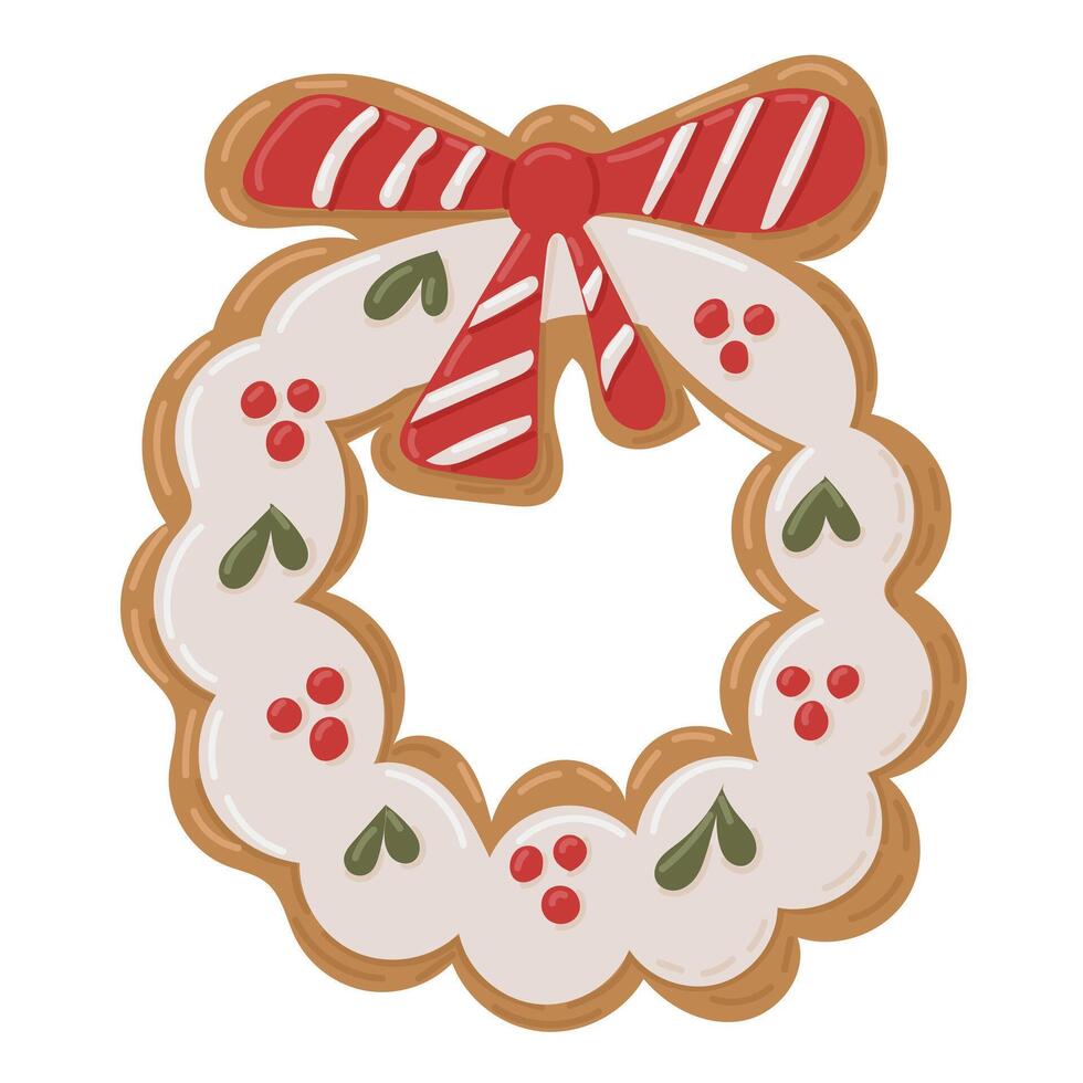 Festive gingerbread wreath cookie with icing, holly decorations, and a red-striped bow. Perfect for Christmas-themed projects, holiday cards, and seasonal designs. drawing on white background vector