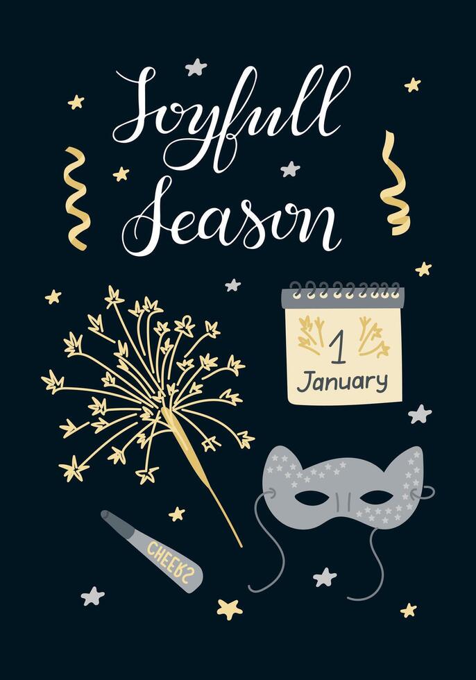 Joyful seasonal New Year banner with sparklers, confetti, calendar, and festive decorations on dark background vector