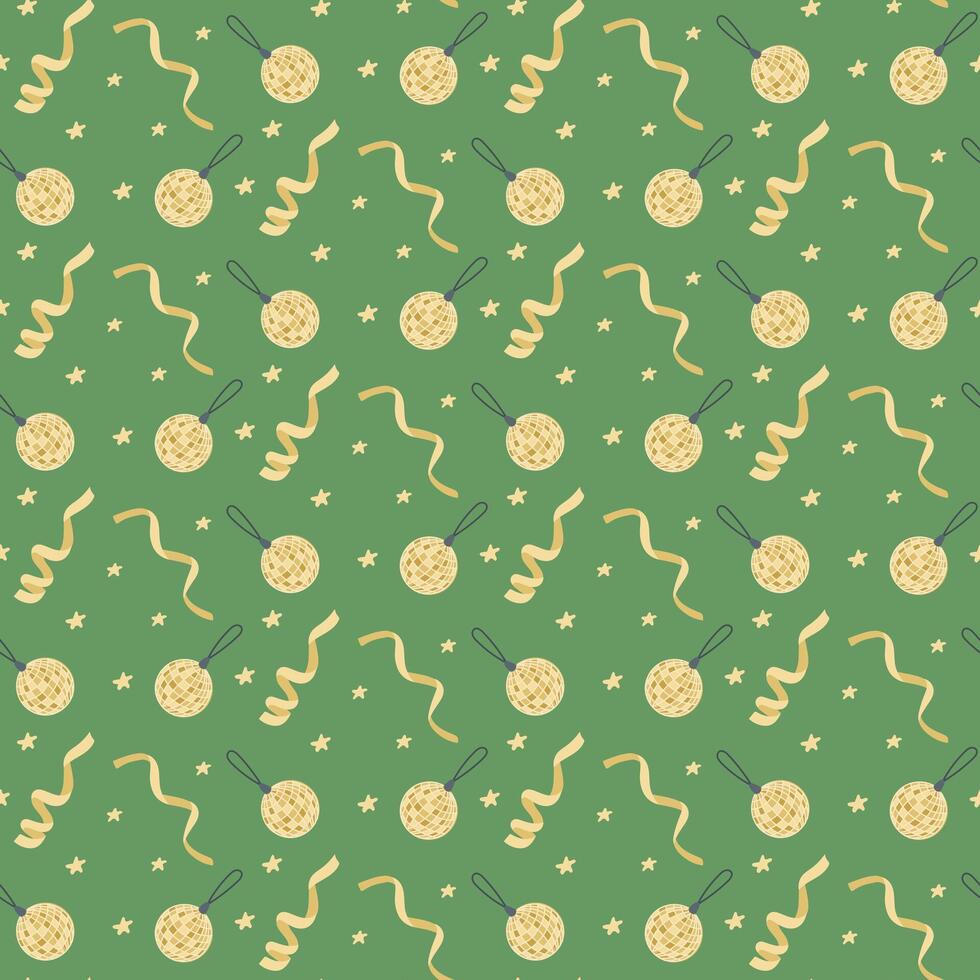 Seamless festive pattern with golden disco balls, swirling ribbons, and star accents on green background. illustration for New Year party or other parties vector