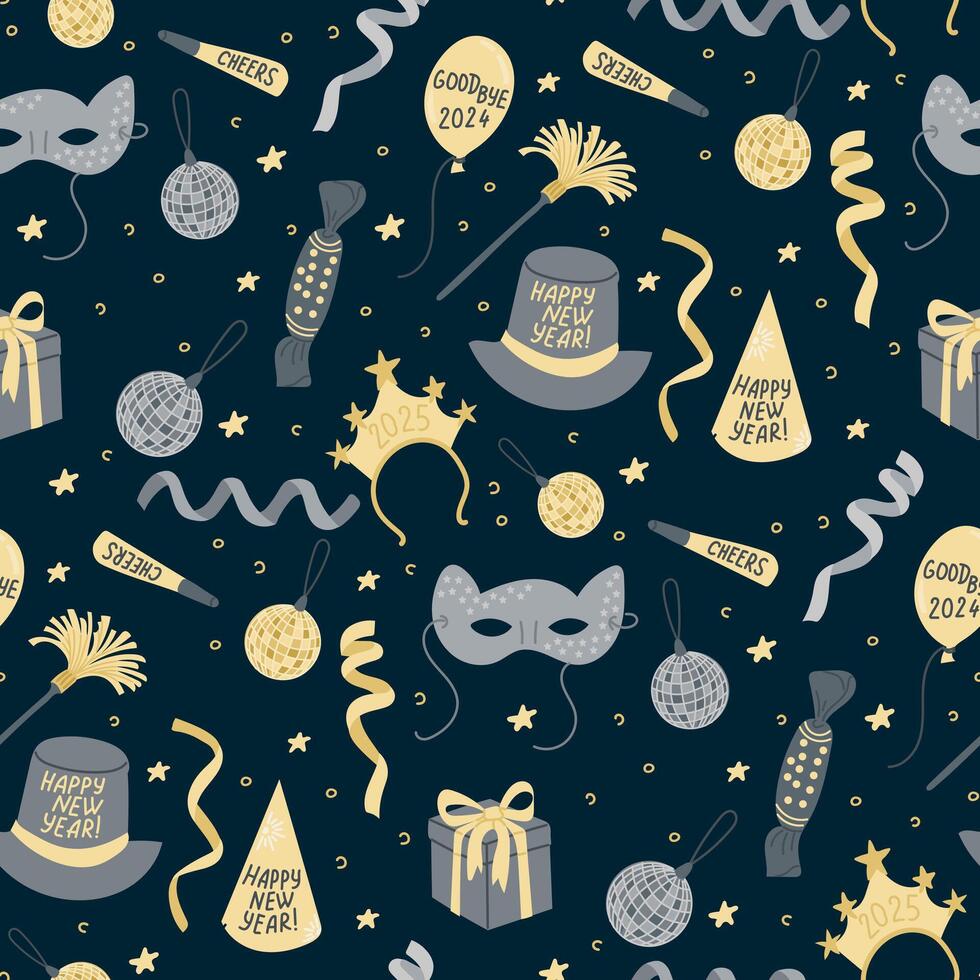 Seamless pattern with New Year party elements including masks, hats, balloons, gifts, streamers, and confetti on dark blue background vector
