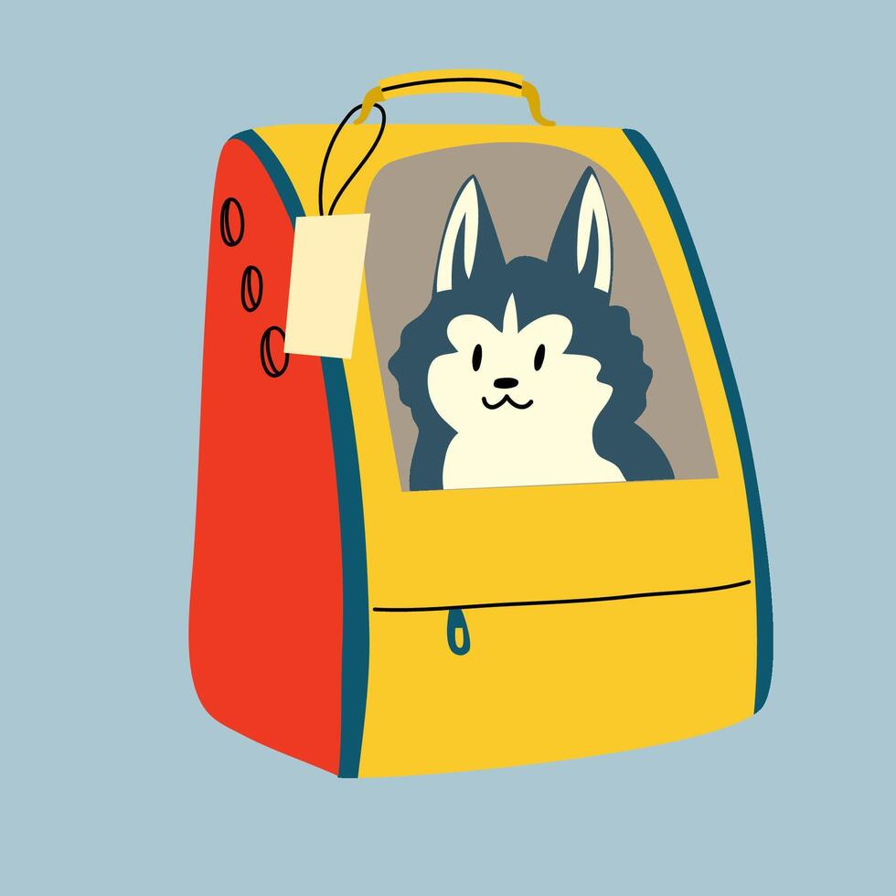 A dog is sitting in carrier. Backpack for pet, travel with pets. vector