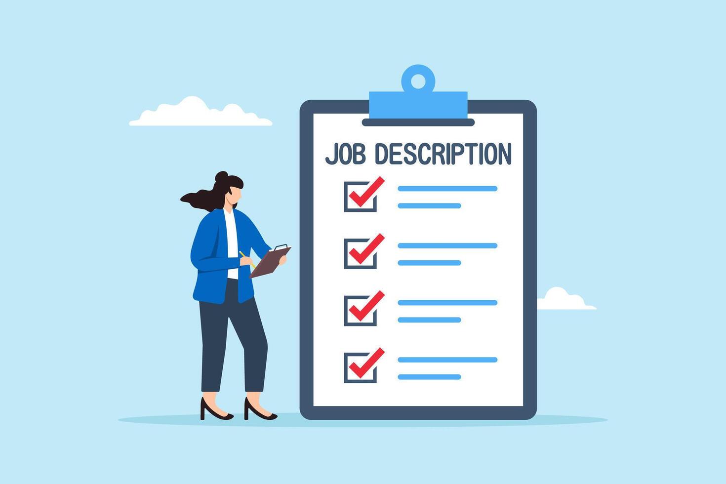Flat illustration of employer write job description document on clipboard responsibility and qualification for employment vector