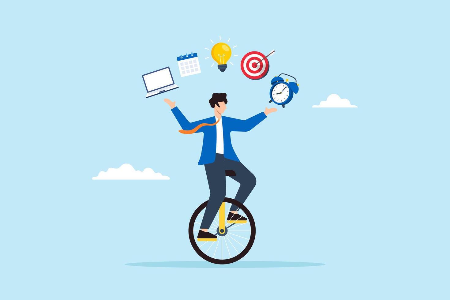Flat illustration of skillful businessman riding unicycle while juggling laptop calendar idea email bullseye alarm clock productivity and multitasking vector