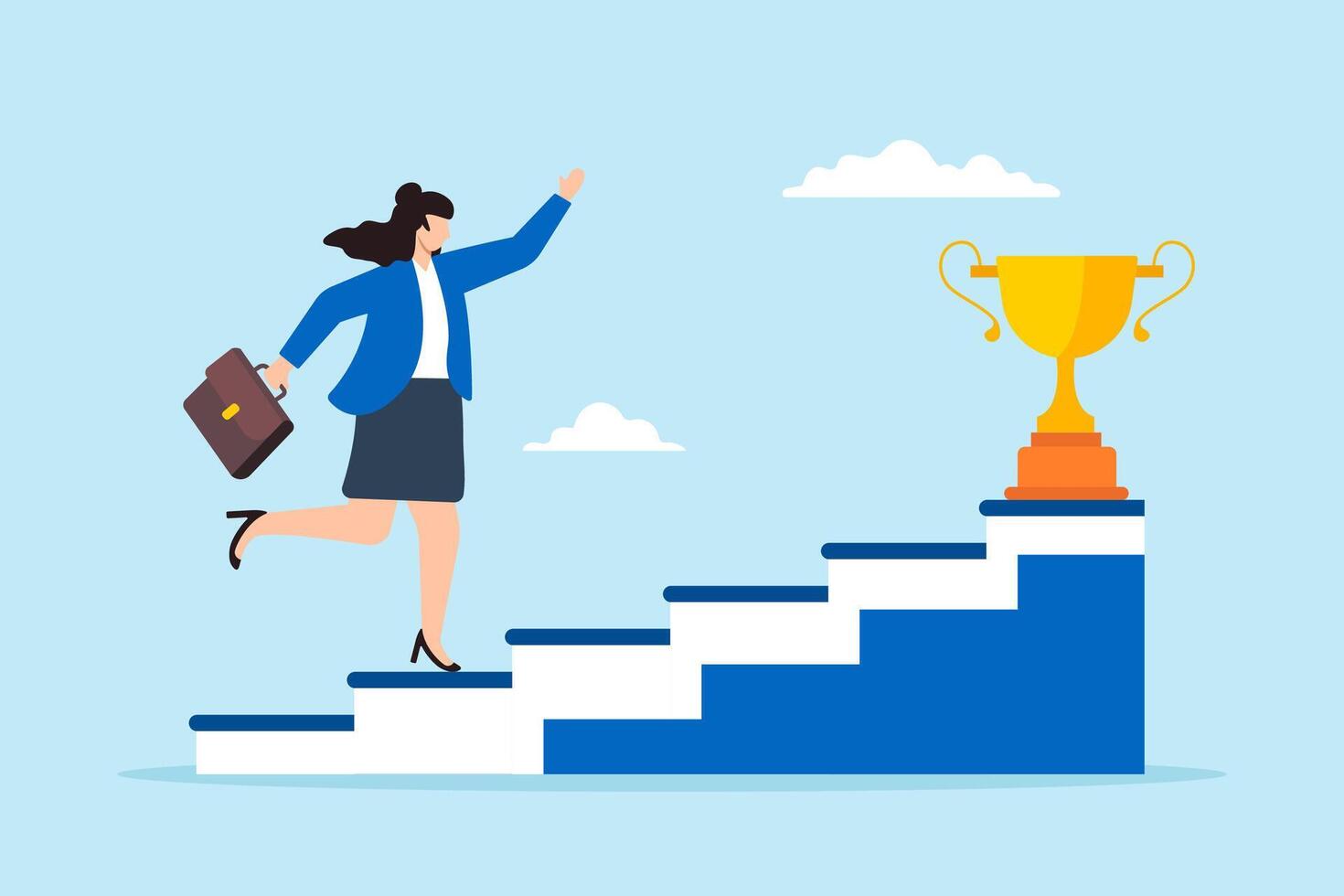 Flat illustration of businesswoman quickly climb staircase to winning trophy symbolizing ambition and career success vector
