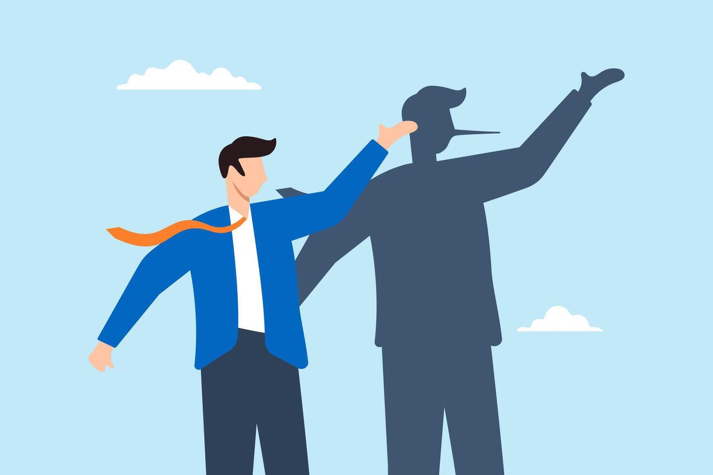 Flat illustration of dishonest businessman shadow reveal long nose lying business fraud and hiding truth vector