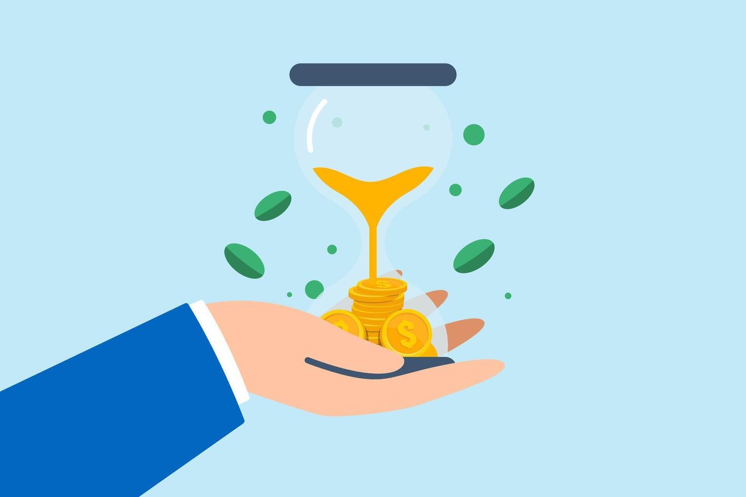 Flat illustration of businessman hand hold hourglass with sand falling into money time long term investment vector