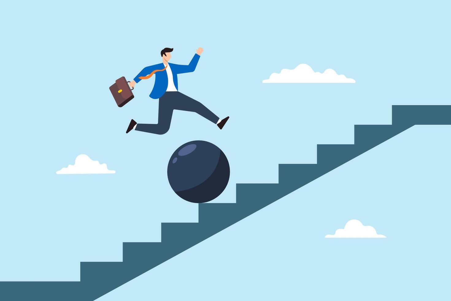 Flat illustration of businessman jump over falling boulder on staircase overcoming obstacle to success vector