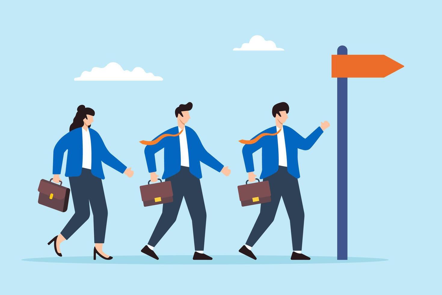 Flat illustration of business people walk in right direction toward signpost symbolizing guidance toward career success vector