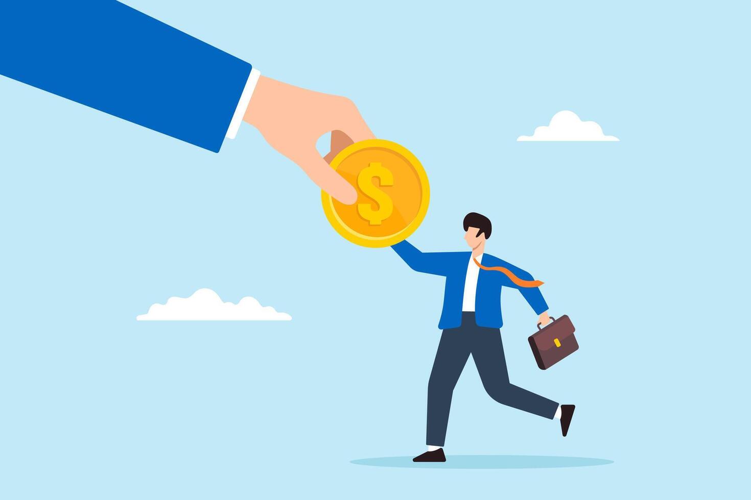 Flat illustration of businessman hand money to happy employee symbolizing salary payment and employee benefit vector