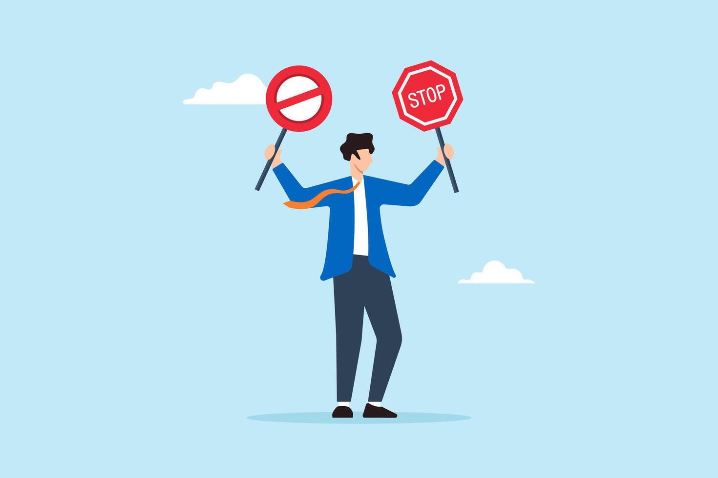 Flat illustration of businessman hold forbidden and stop sign restriction banned attention avoid wrong information vector