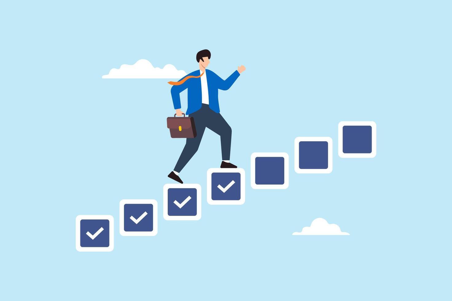 Flat illustration of businessman step on checkbox checklist progressing from start to success in completing task vector