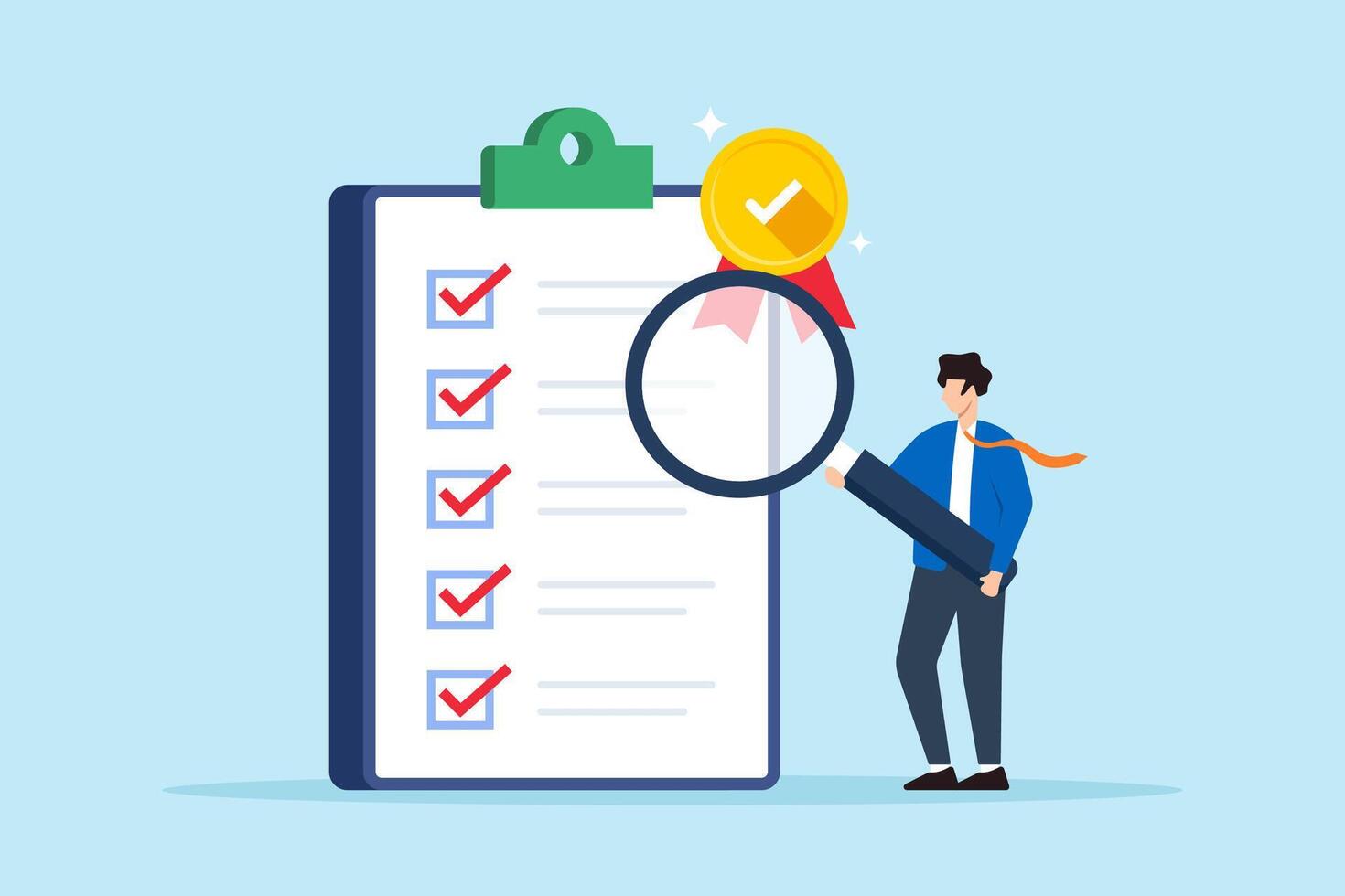 Flat illustration of businessman inspect standard QC badge document with magnifying glass quality control checklist certified approval vector