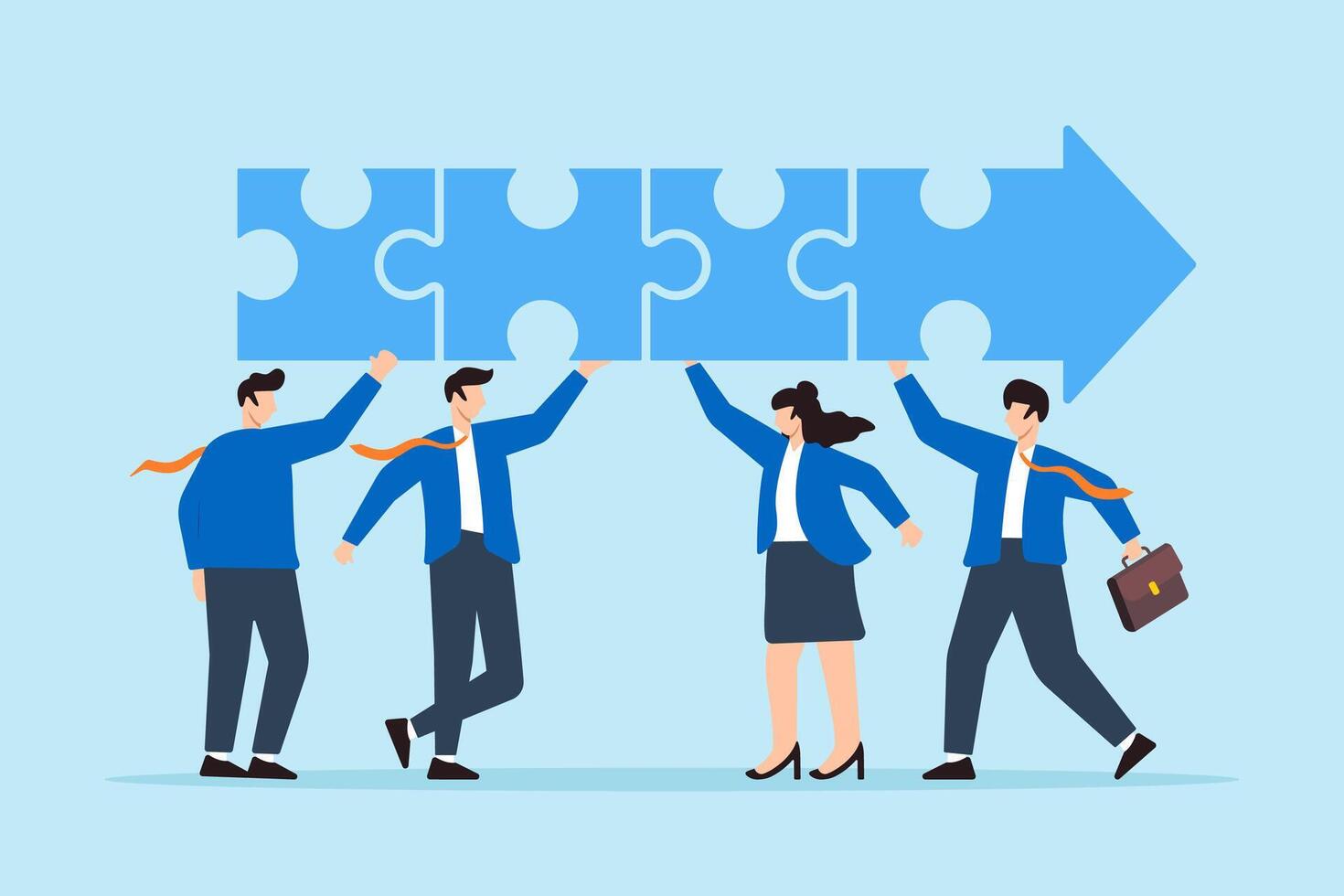 Flat illustration of business people connect arrow piece jigsaw puzzle teamwork for career growth vector