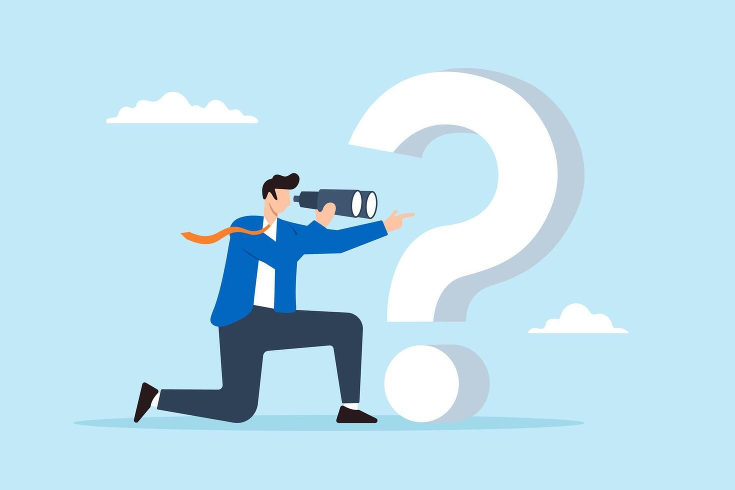Flat illustration of curious businessman with large question mark peer through binocular searching for new business ideas vector