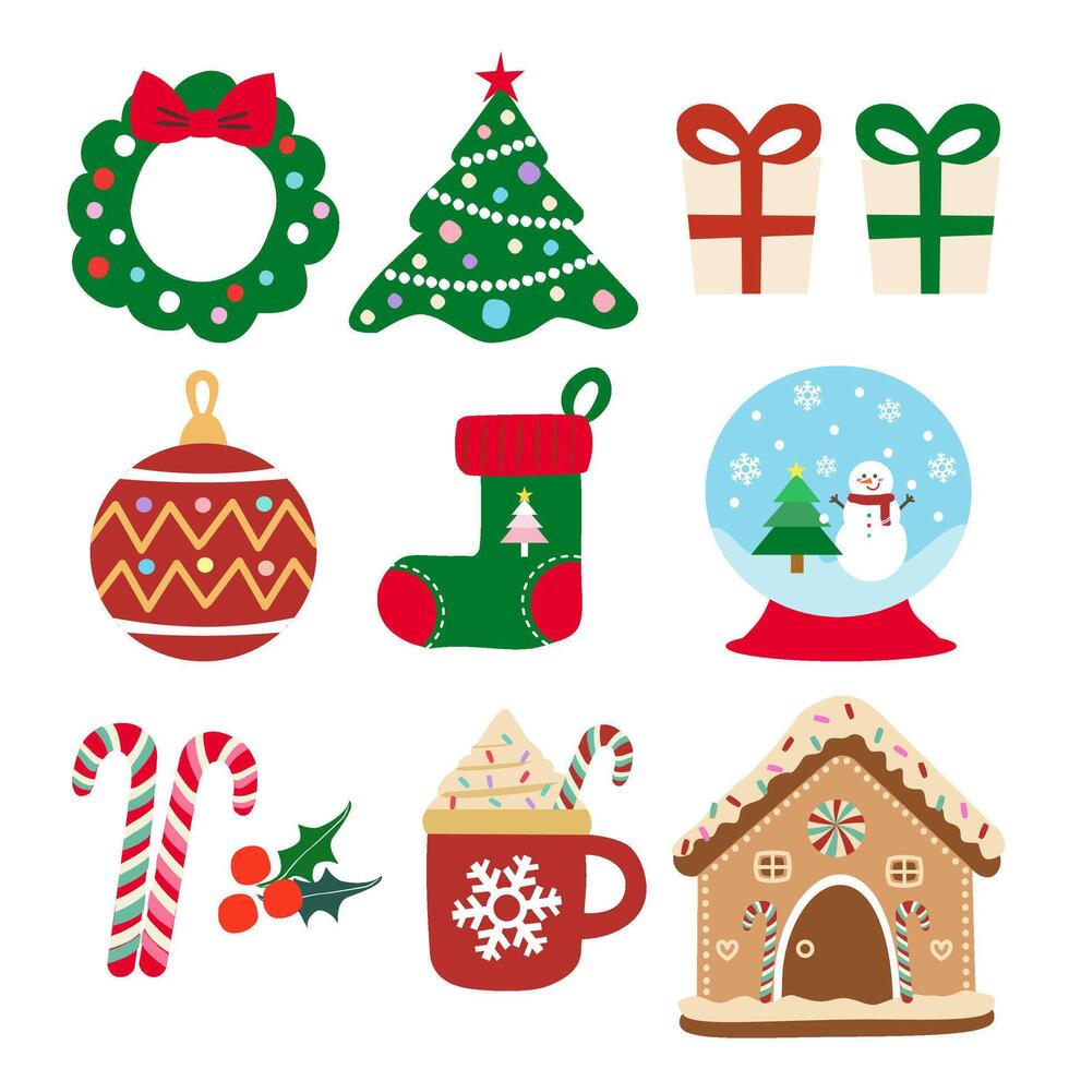 Set icons of Christmas ornaments. Snowflakes, hot coco, gingerbread house, Christmas candy, Christmas sock, Snow globe, gift, Christmas tree, Christmas door wreath. . vector