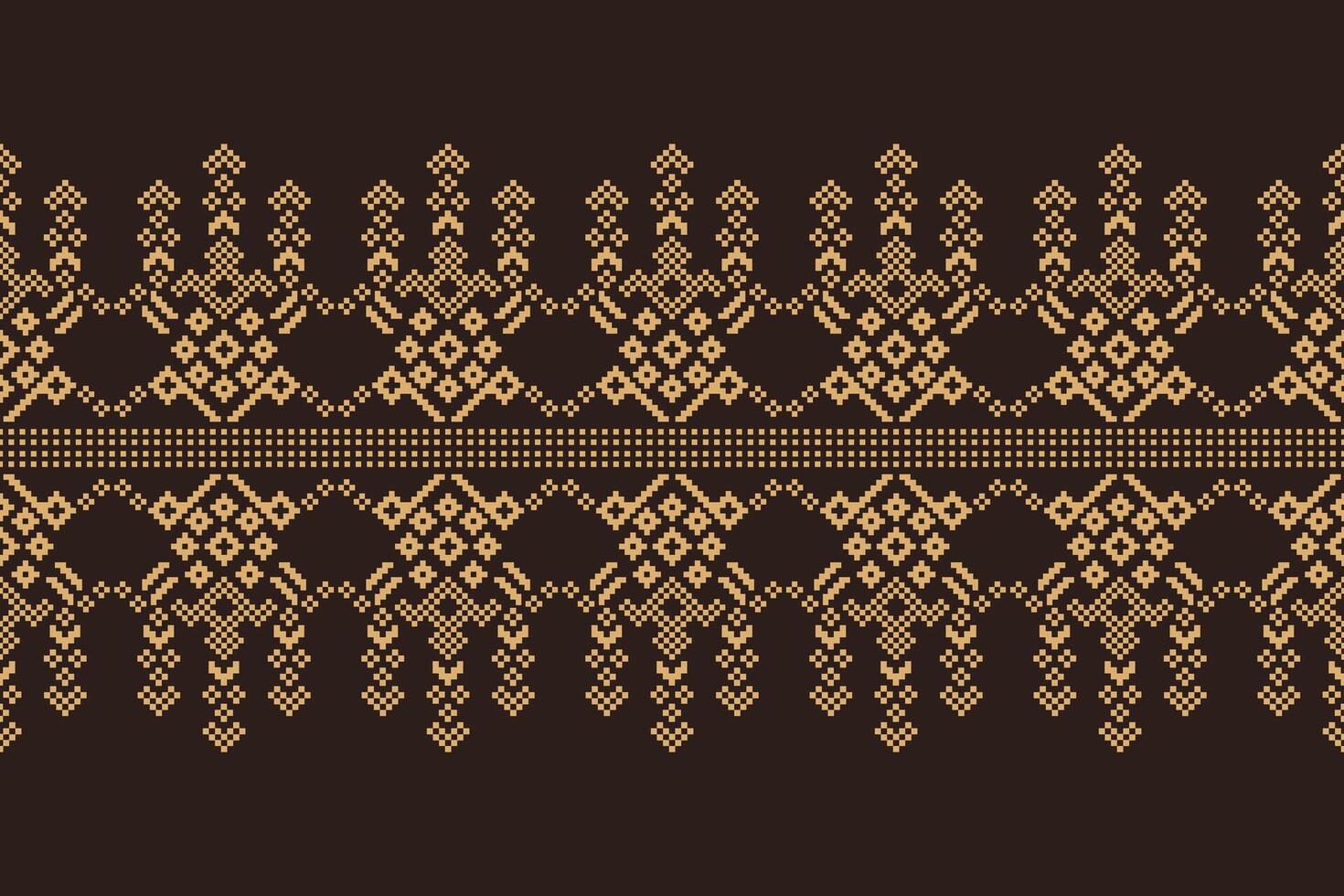 Pixel art Cross stitch design motif pattern fabric pattern wallpaper with brown color background for decoration. vector