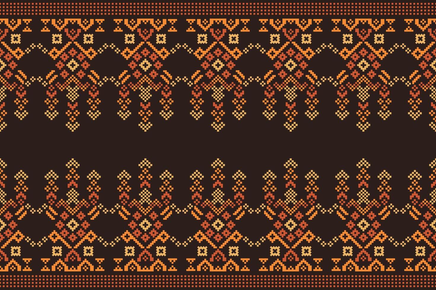 Cross stitch design motif pixel brown color fabric pattern for decor ethnic wallpaper with brown color background. vector